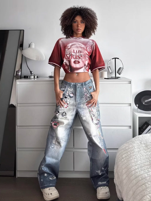Charm Chain Graphic Wide Jeans