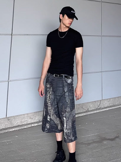 Reptile Patchwork Denim Shorts