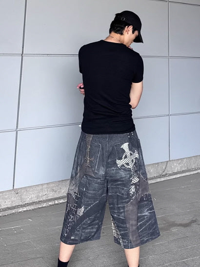 Reptile Patchwork Denim Shorts