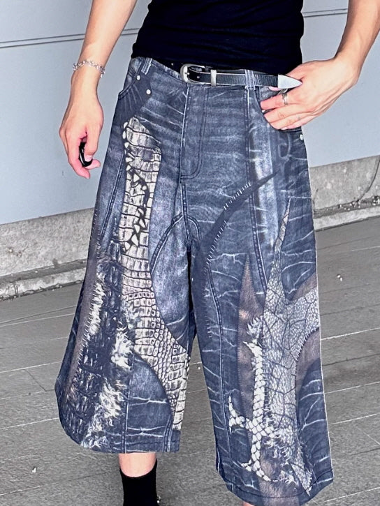 Reptile Patchwork Denim Shorts