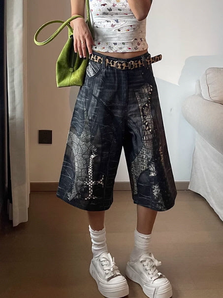 Reptile Patchwork Denim Shorts