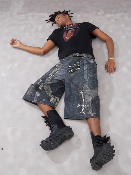 Reptile Patchwork Denim Shorts