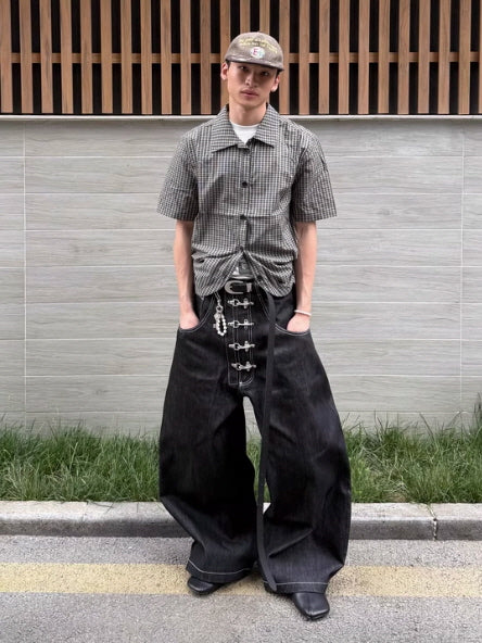 Hook Buckle Wide-Leg Denim Pants