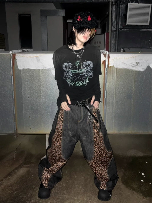 Leopard Flame Wide-Leg Denim
