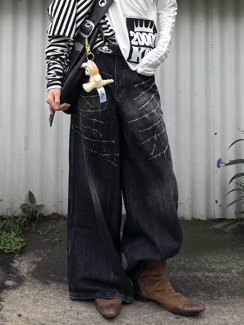 Lightning Crack Bleached Wide Denim