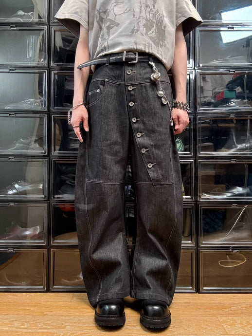 Asymmetric Button Wide-Leg Denim Pants