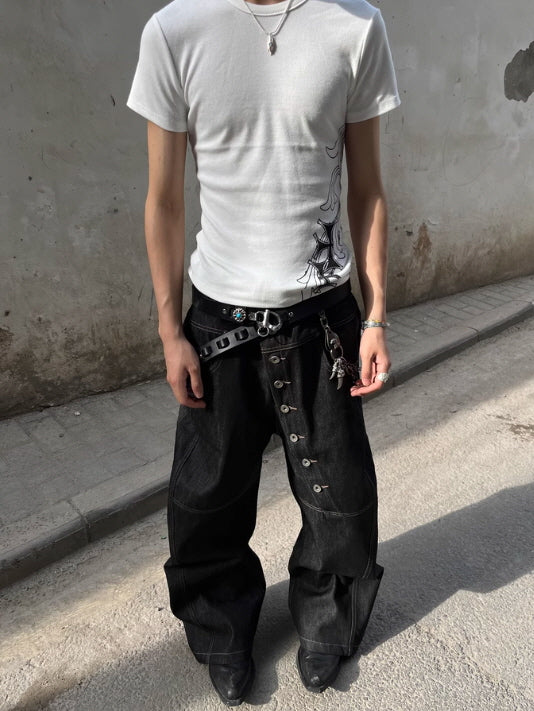Asymmetric Button Wide-Leg Denim Pants