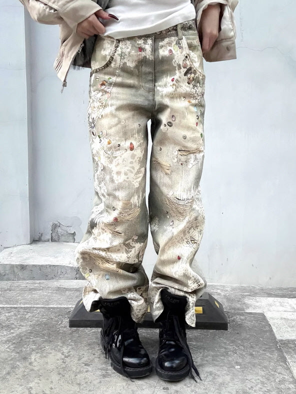 Gem Embellished Lace Patchwork Denim Pants