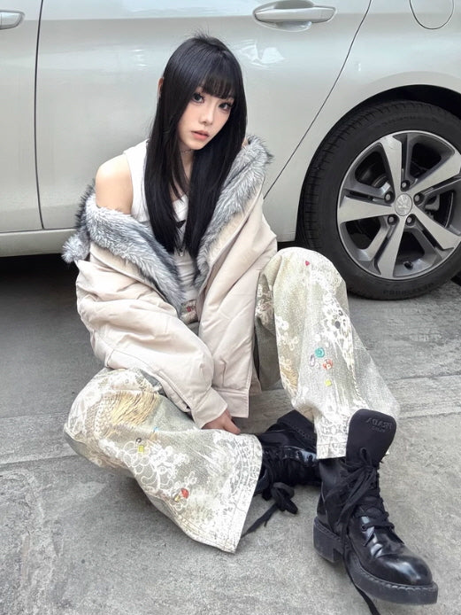 Gem Embellished Lace Patchwork Denim Pants