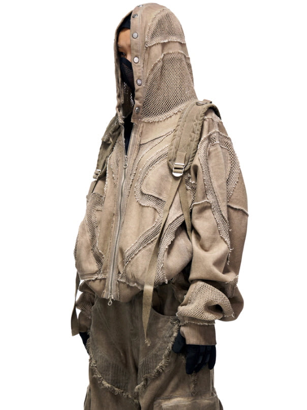 Mesh Panel Structure Zip Hoodie
