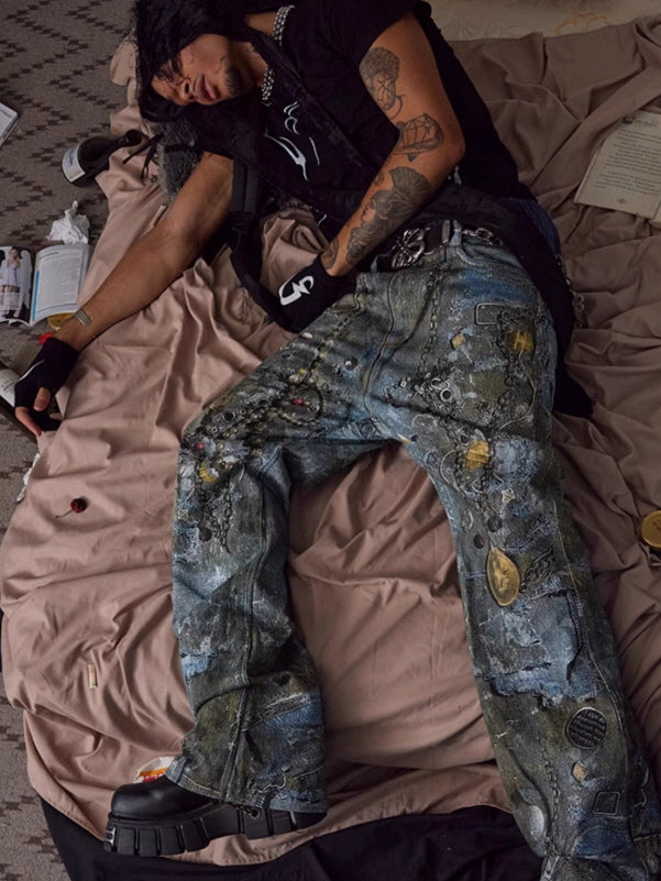 Cyber Grunge Printed Chain Denim Pants