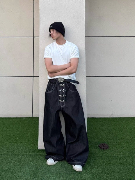 Hook Buckle Wide-Leg Denim Pants