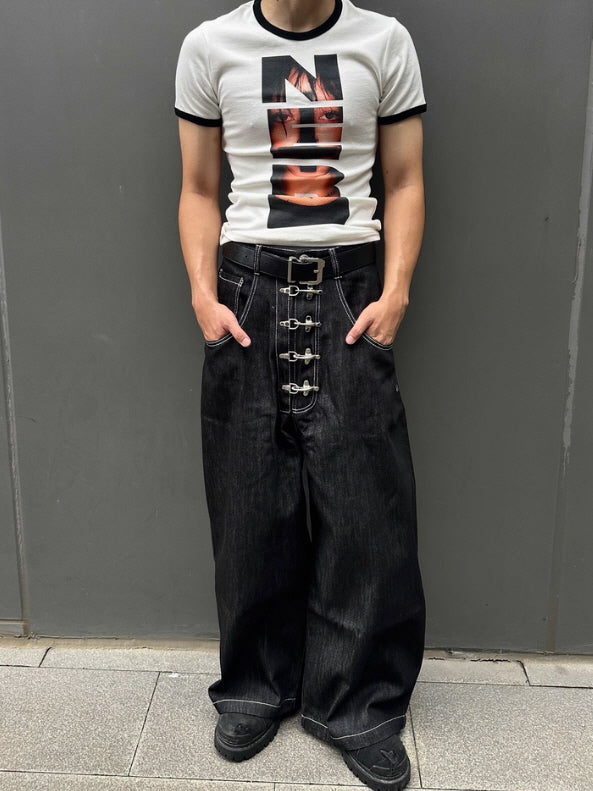 Hook Buckle Wide-Leg Denim Pants