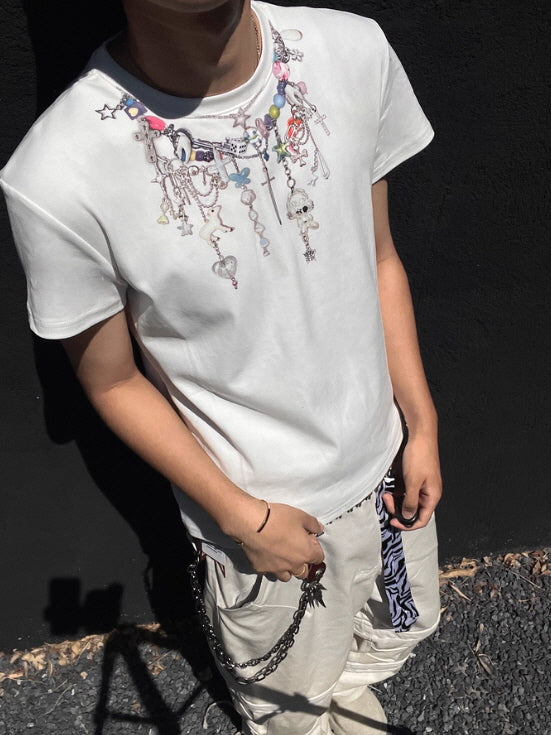 Beaded Charm Necklace Print Tee