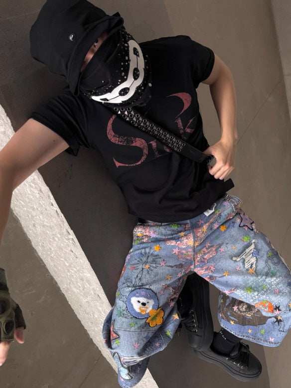 Star Graffiti Art Denim Short Pants