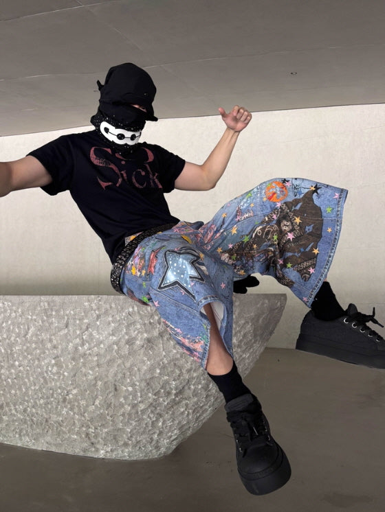 Star Graffiti Art Denim Short Pants