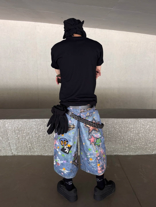 Star Graffiti Art Denim Short Pants