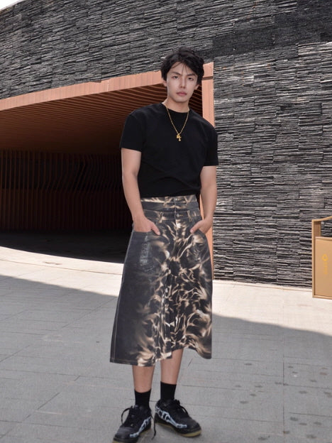 Double Waist Flame Wash Denim Short Pants