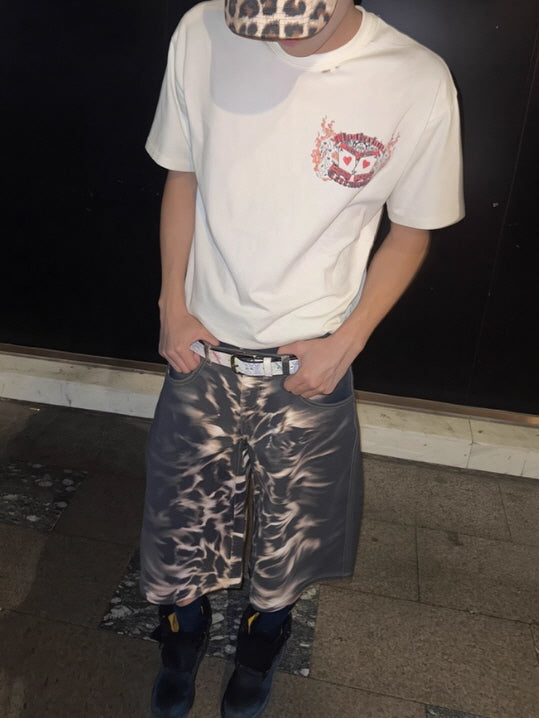 Double Waist Flame Wash Denim Short Pants
