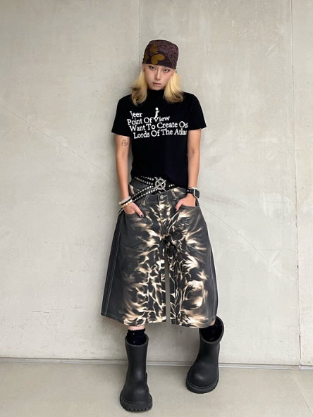 Double Waist Flame Wash Denim Short Pants