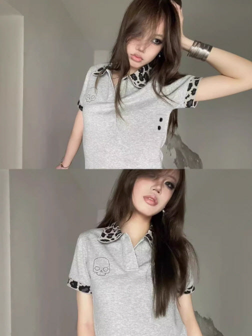 Leopard Collar Skull Embroidery Polo Shirt