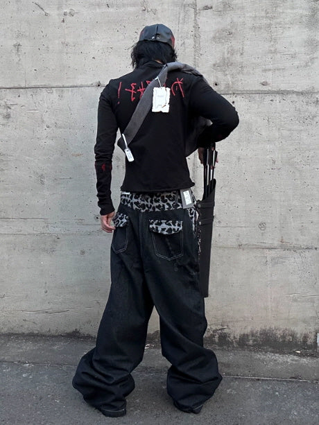 Leopard Trim Washed Wide Denim Pants