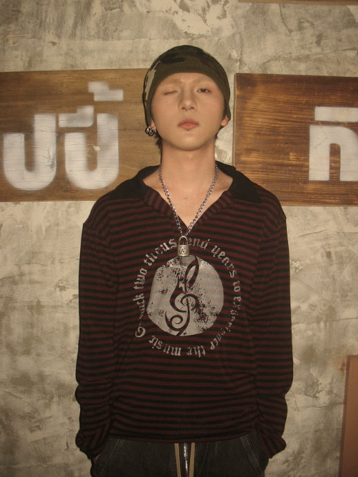 Striped Music Emblem Long Sleeve Polo Shirt