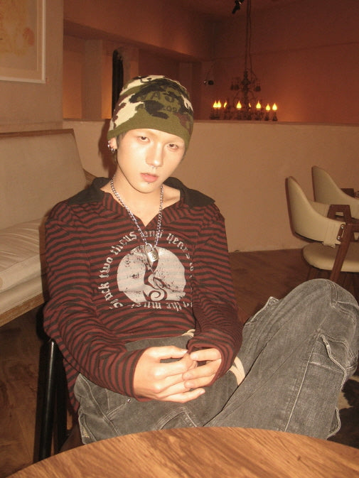 Striped Music Emblem Long Sleeve Polo Shirt