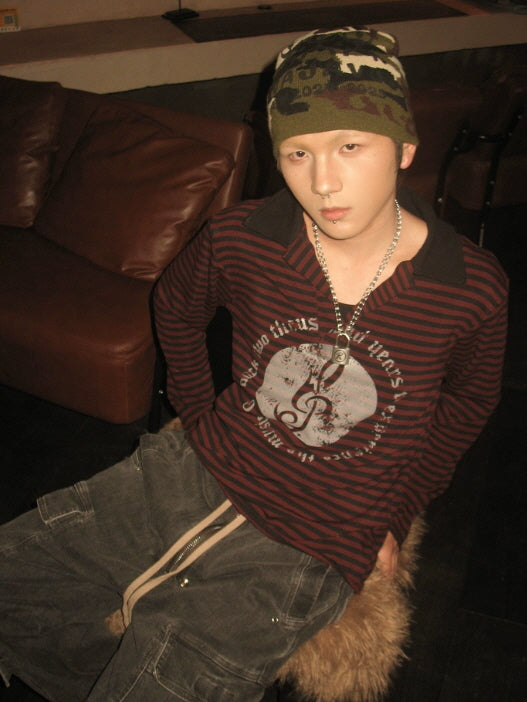 Striped Music Emblem Long Sleeve Polo Shirt