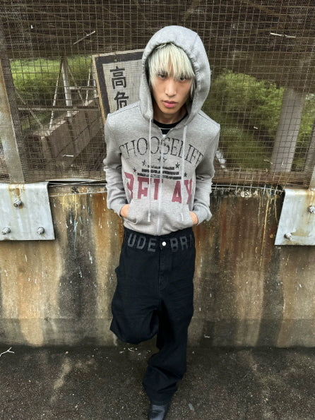Distressed Grey Full-Print Zip-Up Hoodie