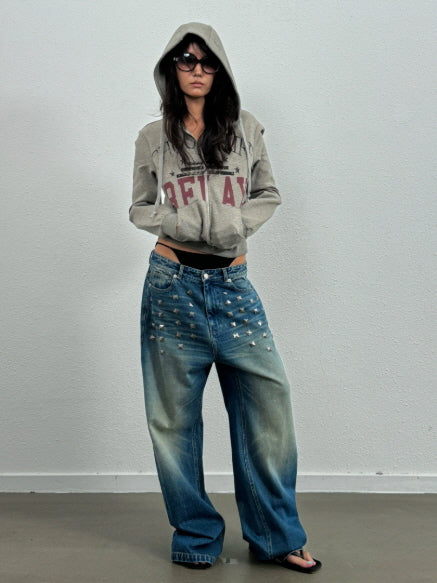 Gradient Bleach Wide-Leg Jeans with Metallic Square Studs
