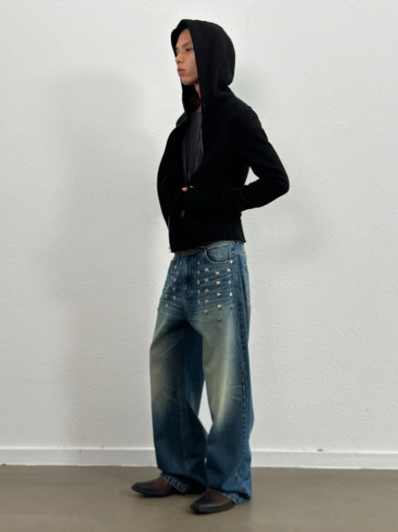 Gradient Bleach Wide-Leg Jeans with Metallic Square Studs