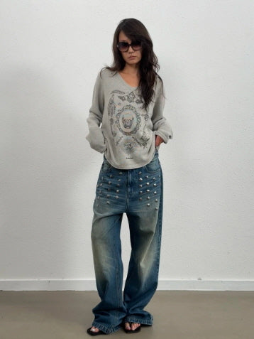 SKULLTATTOO Special Weave V-Neck Loose Sweater