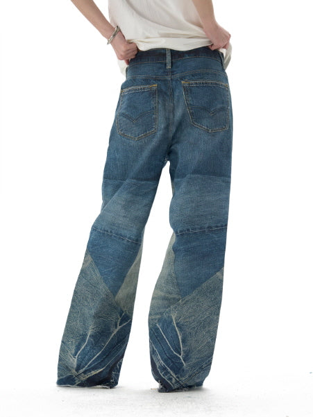 Vintage Two-Tone Wide-Leg Denim Pants