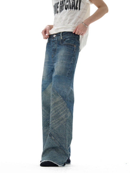 Vintage Two-Tone Wide-Leg Denim Pants