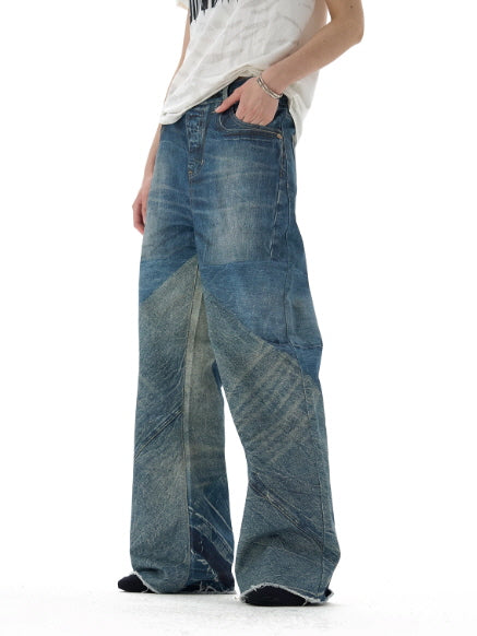 Vintage Two-Tone Wide-Leg Denim Pants