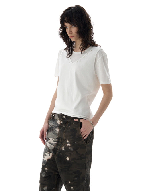 Punk Studded V-Neck Fake Layered Tee