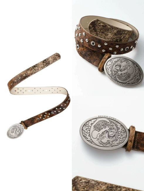 Dragon Engraved Oval Buckle Hair-on Leather Belt