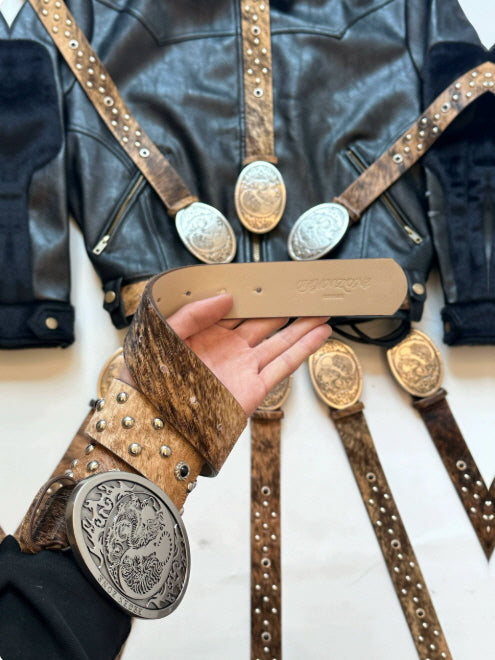 Dragon Engraved Oval Buckle Hair-on Leather Belt