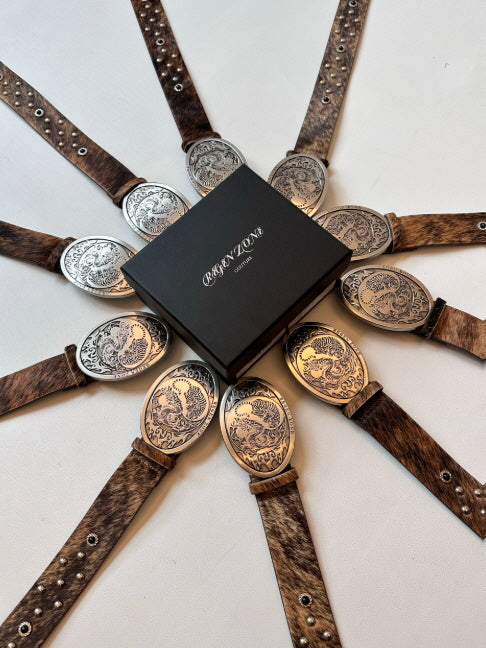 Dragon Engraved Oval Buckle Hair-on Leather Belt