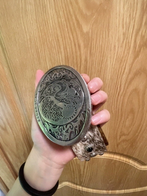 Dragon Engraved Oval Buckle Hair-on Leather Belt