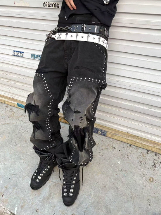 Studded Distressed Wide-Leg Jeans