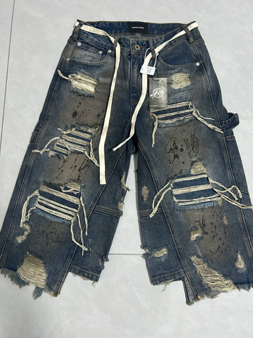 Extreme Distressed Wide-Leg Denim Shorts
