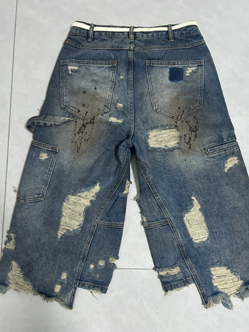 Extreme Distressed Wide-Leg Denim Shorts