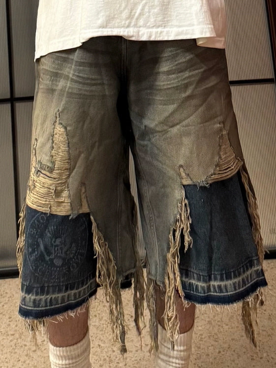 Fringe Destroyed Wide Denim Shorts