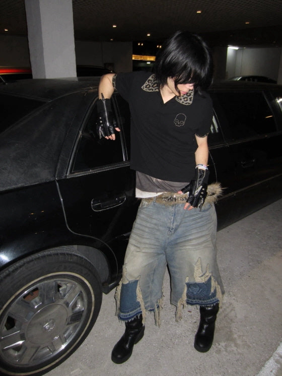 Fringe Destroyed Wide Denim Shorts