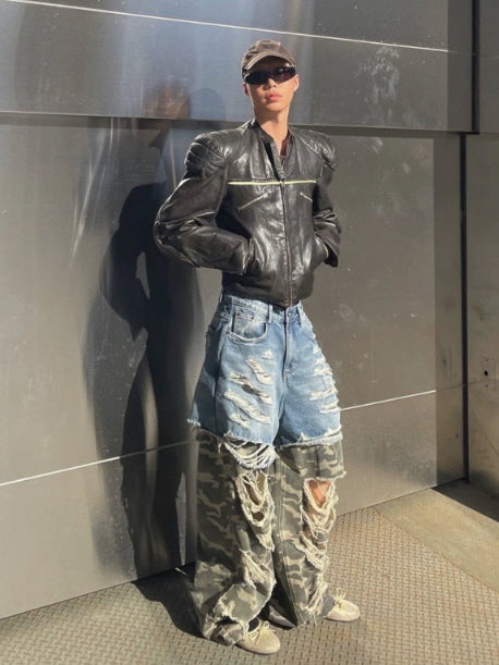 Patchwork Camo & Denim Extreme Distressed Wide Pants