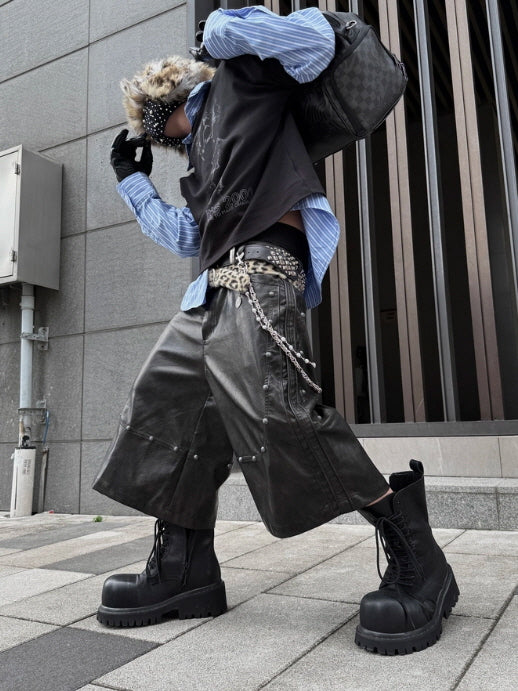 Industrial Studded Leather Wide Shorts