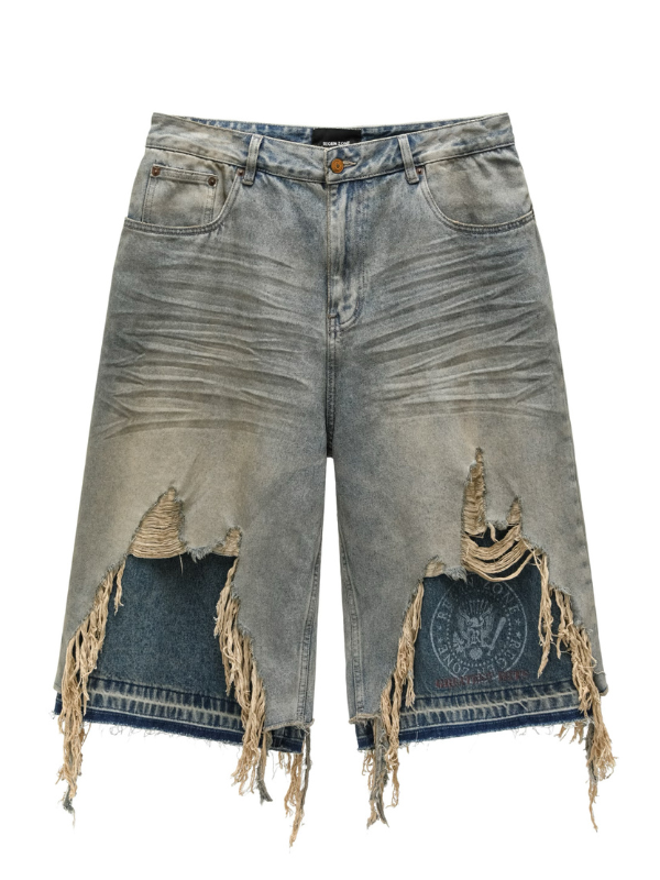 Fringe Destroyed Wide Denim Shorts