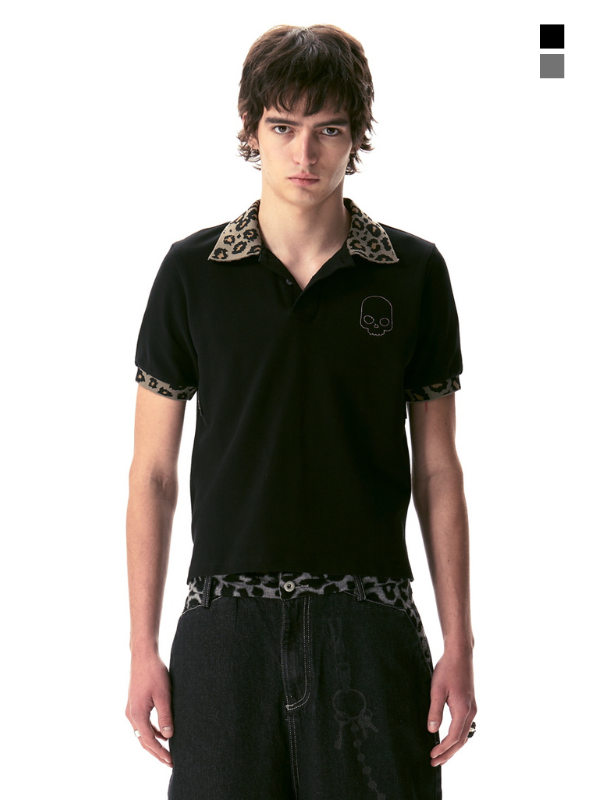 Leopard Collar Skull Embroidery Polo Shirt